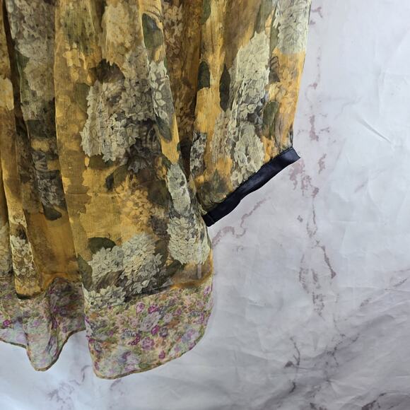 Arrata Silent Journey Shirt Womens Medium Silk Blouse Sheer Yellow Floral Button - Picture 5 of 14